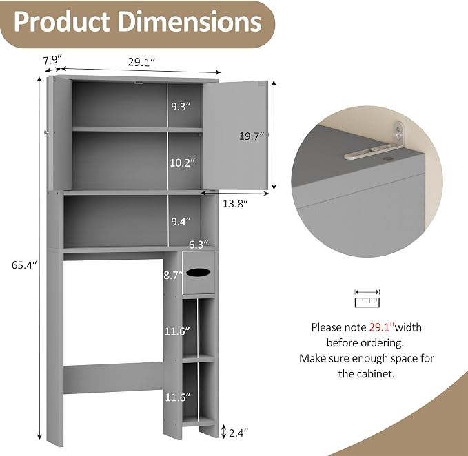 Farmhouse Storage Cabinet Over Toilet with Toilet Paper Holder Stand, Freestanding Bathroom Storage Organizer Cabinet, Grey - Image 2
