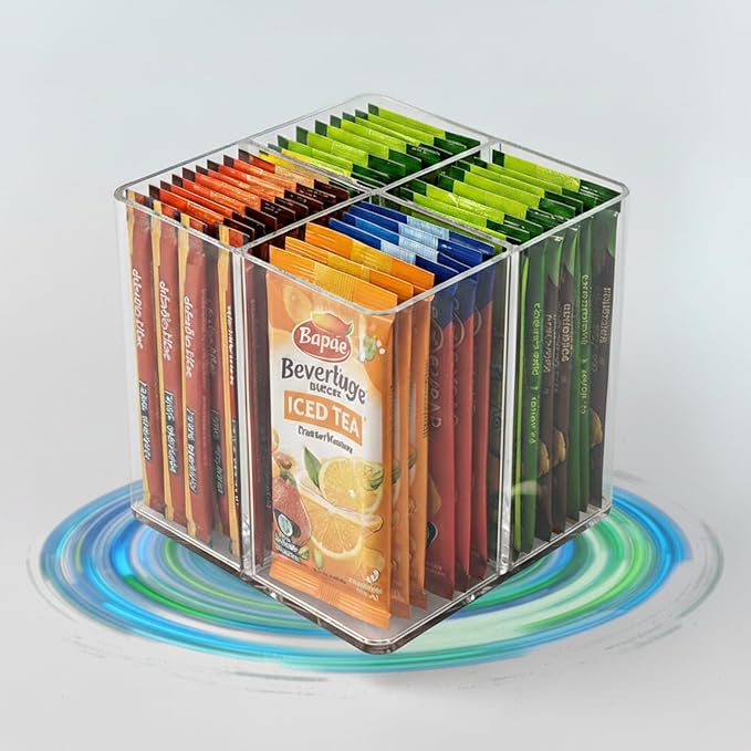Square Lazy Susan Drink Packet Organizer 360° Rotating Water Flavor Packet Holder for Kitchen Pantry Cabinet Clear Storage Bin for Powdered Drink Mixes, Liquid IV, Tea Bags & Snacks by TIMVIEA