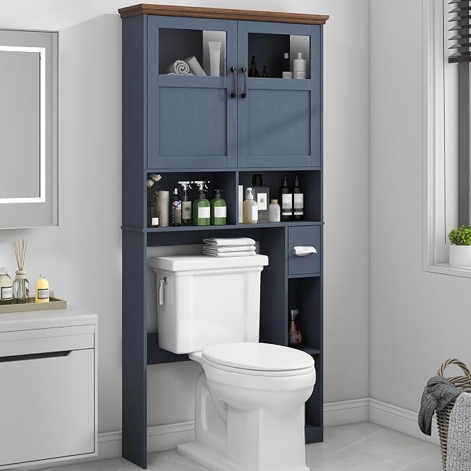 Vabches Over The Toilet Storage Cabinet with Doors & Paper Holder, Blue by Vabches