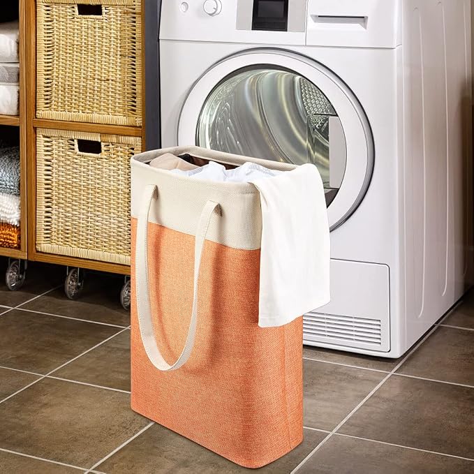 Laundry Basket with Handles Beige&Orange Slim Laundry Bin Collapsible Dirty Clothes Basket Narrow Laundry Bag Foldable Dirty Hamper for Camping, Dorms, Apartments - Image 7