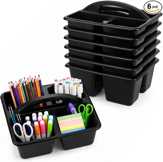 6 Pack 4 Compartment Classroom Caddy with Handle, Black by Yakydesign