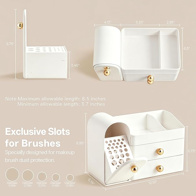 HBlife Makeup Organizer Countertop with Drawers, Vanity Organizers with Brush Holder, Bathroom Counter Organizer for Perfume, Nail Polishes, Lipsticks, Skincare and Eyeshadow Palettes, White - Image 3