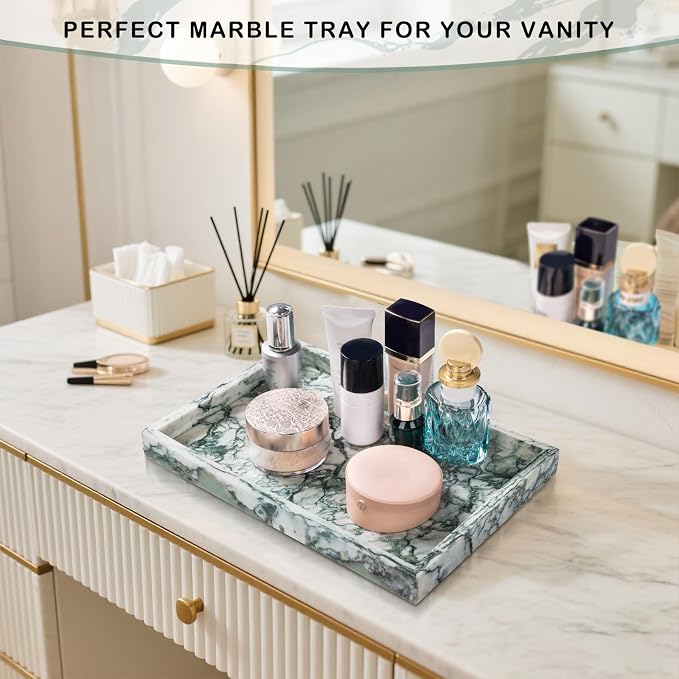 Marble Bathroom Tray for Countertop & Home Decor, Natural Decorative Marble Tray for Jewelry & Perfume Organizer, Luxury Stone Vanity Trays for Dresser, Kitchen Counter, 12" x 8", Jade Green - Image 5