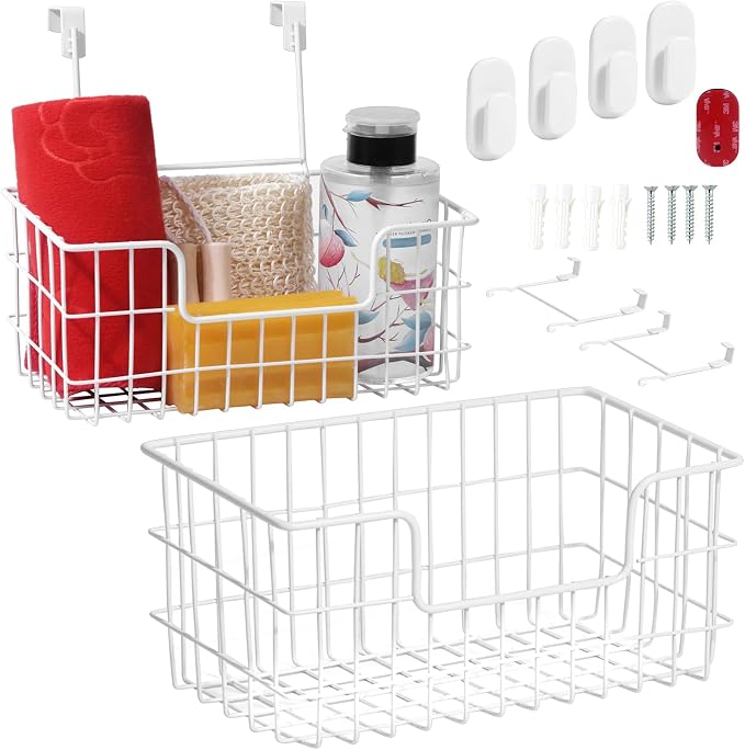 JUNCHU CHERRY Wire Storage Basket 2 Packs, Wall Mounted Kitchen Bathroom, Hanging Cabinet Door Storage Basket, no Drilling, Supporting 2 Types of Hooks, Strong Bearing, Suitable for Home, White by JUNCHUCHERRY