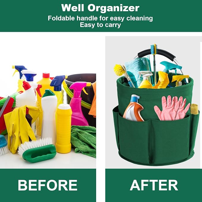 Cleaning Caddy with Handle, Cleaning Products Organiser, 17L Foldable Storage Basket, Cleaning Caddy Organiser, Portable Multi Cleaning Bucket Bag for Home, Garden (Green) - Image 2