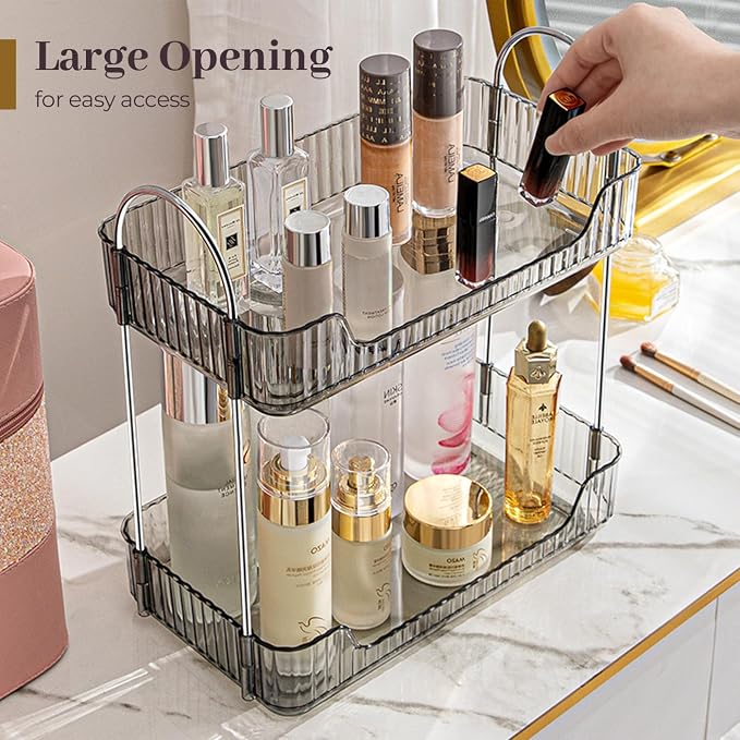 Aveniee Bathroom Counter Organizer Countertop, Makeup Perfume Shelf Storage, 2 Tier Skincare Cosmetic Tray for Dresser Vanity - Grey - Image 2