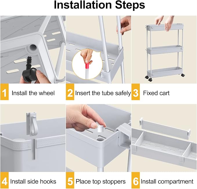 SPACELEAD Slim Storage Cart 3 Tier,Bathroom Organizer Rolling Utility,Mobile Shelving Unit Slide Out for Office, Kitchen, Laundry Room & Narrow Places,Gray - Image 5