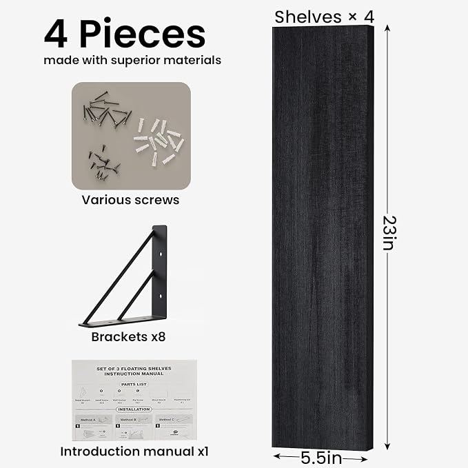 BAYKA Wall Mounted Floating Shelves, Wood, Black, Set of 4, 23in - Image 2