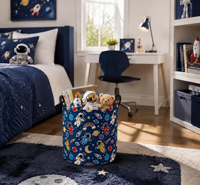 MAIZMZ Kids Storage Bin Astronaut Space Hamper,15.7" D x 19.7" H Waterproof Linen Laundry Basket with Leather Handles for Boys Room, Gifts - Image 2