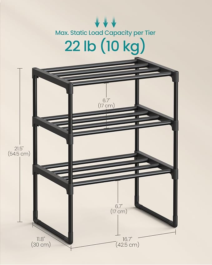 SONGMICS Shoe Rack, 3-Tier Shoe Organizer, Metal Storage Shelf | for Entryway, Upright or Upside Down, for 4-8 Pairs, Stackable, 11.8 x 16.7 x 21.5 Inches, Black ULSA003B01 - Image 3