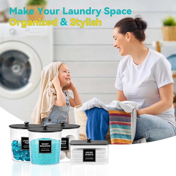 Laundry Pods Container & Dryer Sheet Holder, Laundry Room Organization and Storage Jars with Lids, Labels & Scoops for Powder Detergent Scent Booster, Black Lid - Image 7