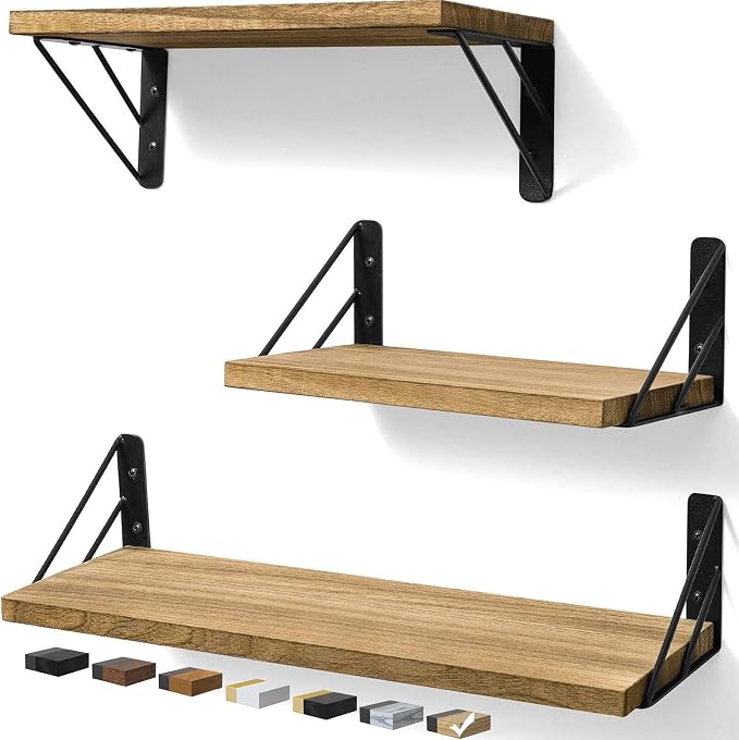 BAYKA Wall Shelves for Bedroom Decor, Floating Wall Shelves for Living Room Kitchen Storage, Wall Mounted Rustic Wood Floating Shelves for Kids Books, Corner Shelves for Bathroom(Brown，Set of 3) by Bayka