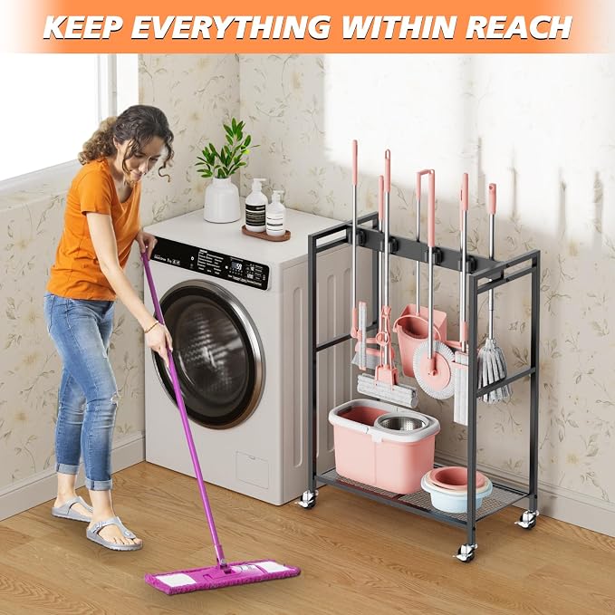 Broom and Mop Holder, MUNNAR Broom Closet Storage Cabinet, Cleaning Cart with Broom and Mop Hanger, Janitorial Cart with Wheels for Household, Laundry Room Organization - Image 7