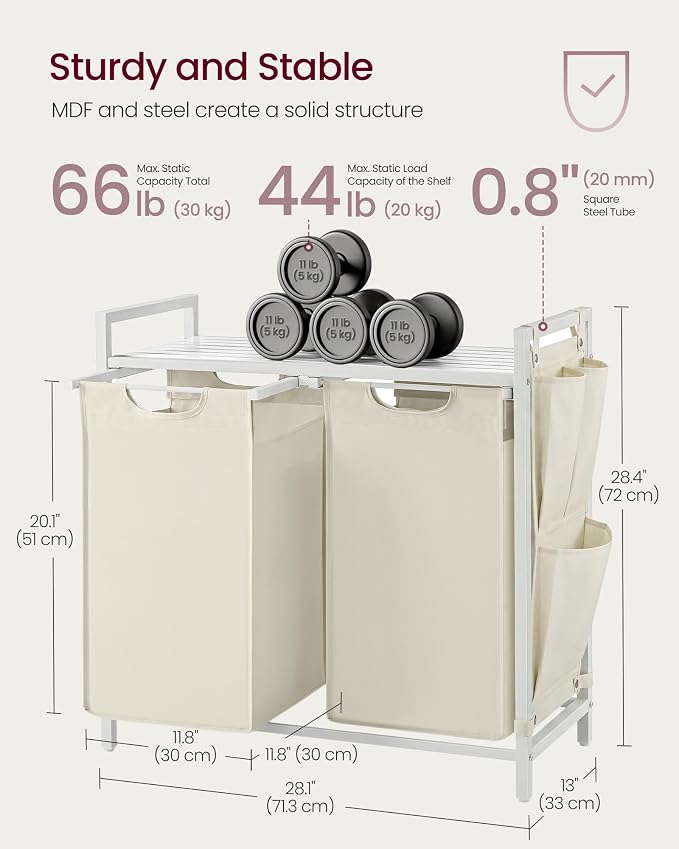 VASAGLE Laundry Hamper with Shelf, 2 Pull-Out Bags, 2 x 12.1 Gallons (46 L) - Image 6