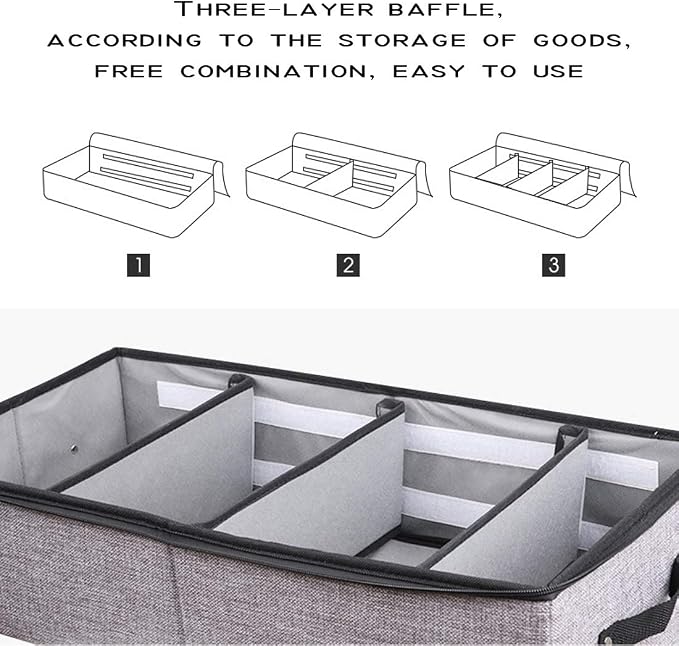 AARAINBOW Foldable Under Bed Clothes Organizer with Lid, Underbed Storage Container with Adjustable Dividers, Clear Window, Gray - Image 3