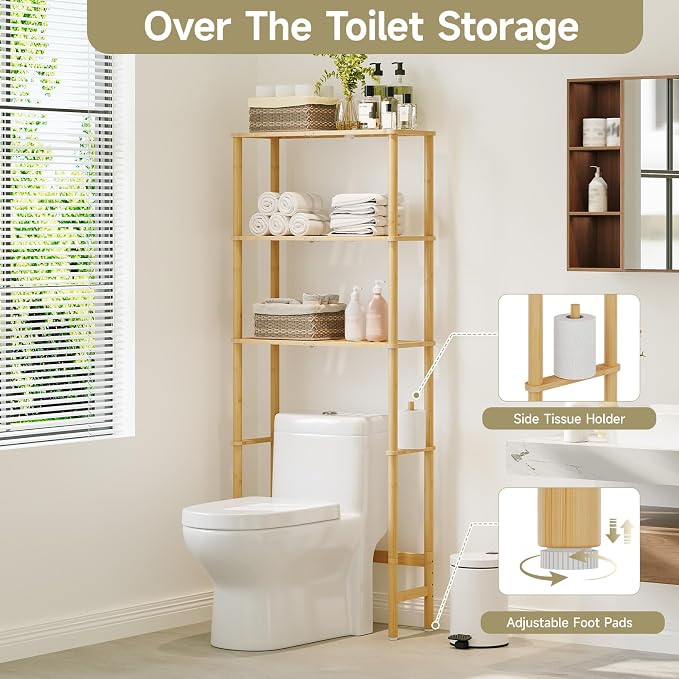 Over The Toilet Storage,3-Tier Bamboo Bathroom Shelf with Paper Holder - Image 2