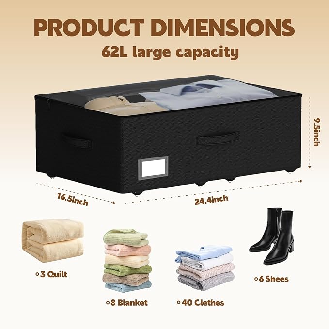 Under Bed Storage with Wheels, 2-Pack Under Bed Storage Containers, No Assemble Required 10 inches Height, Rolling underbed storage Drawers, Underbed Storage Bins for Shoes, Clothes, Blankets, Toys - Image 3