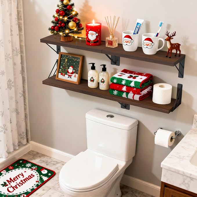 BAYKA Floating Shelves for Wall, Wood, Dark Brown, Set of 4, 16in - Image 2