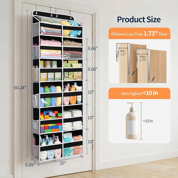 Yecaye 6 Tier Over The Door Organizer, Door Organizer with 12 Compartments | 20" W, Extra Large Behind Door Storage With 12 Side Pockets, 80lbs Heavy Duty, Clear Window, for Closet Bedroom Pantry, Black - Image 2