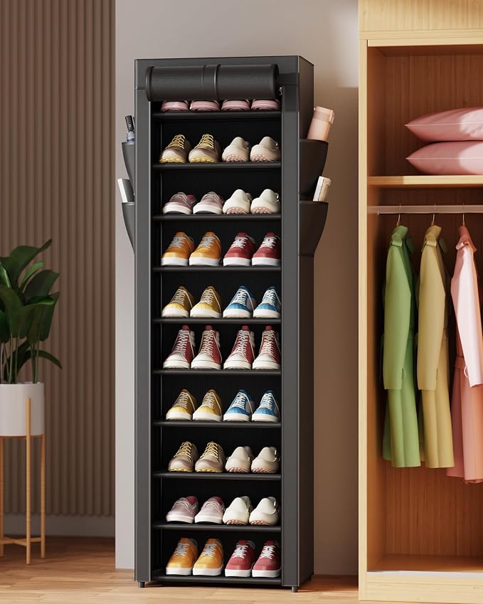 Kitsure 10-Tier Shoe Rack with Cover, Vertical Shelf, 17.5" Wide, Black | Space Saving Shoe Storage with Side Pocket, Shoe Organizer for Closet, Entryway, Bedroom, Zapateras Organizer - Image 8