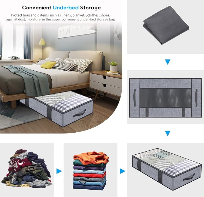 Onlyeasy Foldable Underbed Bags 2 Pack - Blankets Clothes Comforters Storage Bag Breathable Zippered Organizer for Bedroom with Clear Window and 4 Handles, 39.4x19.7x5.9 in, Linen-like Grey, MXDUBBP2 - Image 3