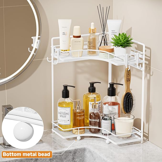VITVITI 2-Tier Corner Bathroom Counter Organizer, Bathroom Countertop Organizer Storage for Sink, Metal Mesh Makeup Organizer for Vanity Countertop Kitchen with Hooks,White - Image 2