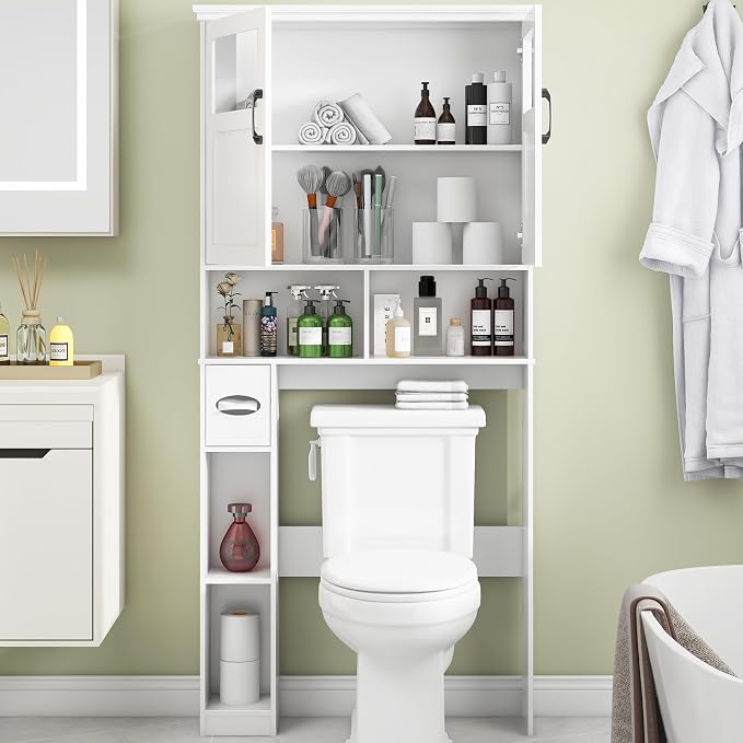 Vabches Over The Toilet Storage Cabinet with Doors & Paper Holder, White - Image 3