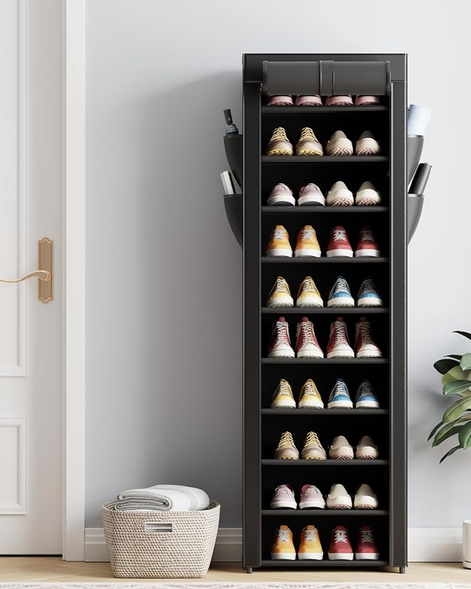 Kitsure 10-Tier Shoe Rack with Cover, Vertical Shelf, 17.5" Wide, Black | Space Saving Shoe Storage with Side Pocket, Shoe Organizer for Closet, Entryway, Bedroom, Zapateras Organizer - Image 2
