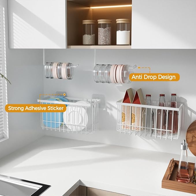 4 Pack Adhesive Cabinet Door Organizer - Tumbler Lid Organizer & Kitchen Storage baskets for Kitchen, Bathroom, Inside Cabinet Door Storage for Cup Lids, Spices, Small Supplies, Space-Saving (White) - Image 5
