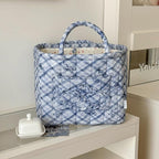 Storage Basket Boho Fabric Large Collapsible Floral Laundry Nursery Hamper Portable Folding Storage for Clothes Toys (Blue Bow) - Image 4