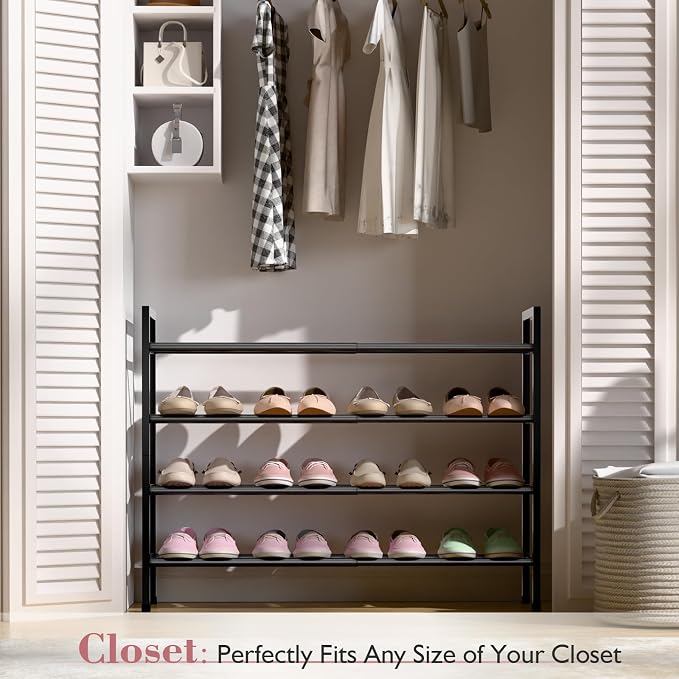 Bumusty 4 Tier Expandable Shoe Rack for Closet, Black | 18"-33" Adjustable Shoe Rack for Entryway, Small Shoe Organizer for Dorm, Front Door, Sturdy Metal - Image 2