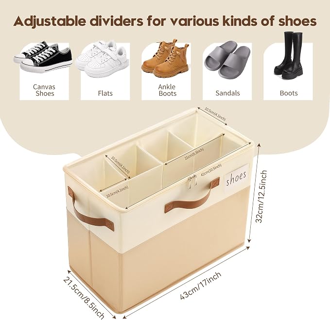 Varhomax Shoe Organizer Box 2 Pack for Closet,Small Fabric Shoe Storage Bin with Adjustable Dividers & Clear Cover, Saving Space Sneakers & Sandals Containers for Entryway, Cubby - Image 3