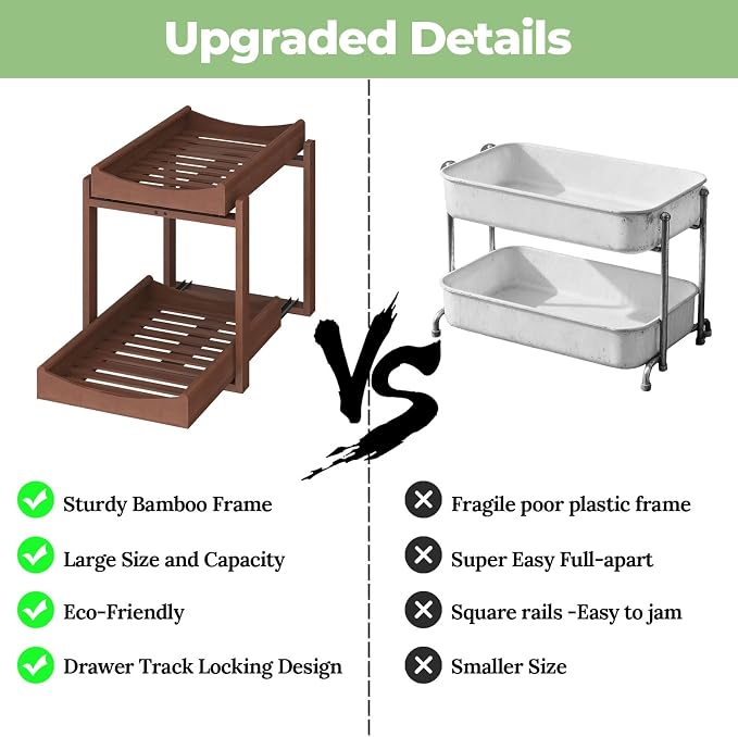 MHXW SXPN Bamboo Under Sink Organizer, 2 Pack Pull Out Cabinet Organizer - Image 6