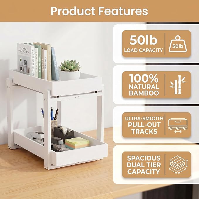 Bamboo Under Sink Storage 2 Tier Pull Out Cabinet Organizer Slide Out Under Sink Storage Shelf Undersink Organizers Shelves for Kitchen Bathroom Organization (White, 2 Pack) - Image 3