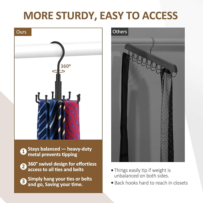ZEDODIER Tie Hanger for Closet, Rotating Tie Organizer, Holds 8 Ties - Image 4