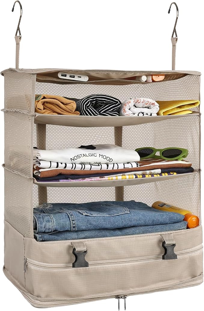 Surblue Hanging Closet Storage Bag Collapsible 3-Shelf Washable Oxford Fabric with 2 Hooks (XL 17.71 * 11.81 * 20in, Beige) by SURBLUE