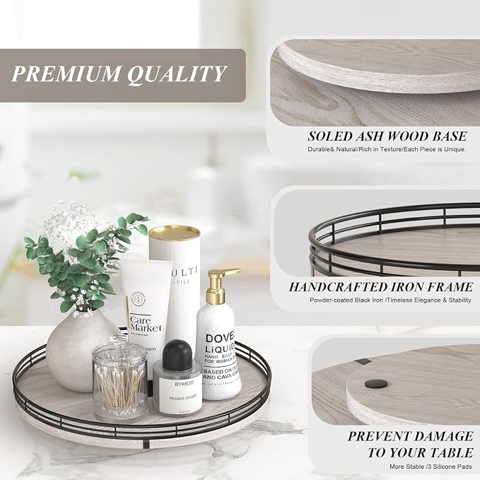 AMH 13-Inch Rustic Whitewashed Oak Lazy Susan Vanity Tray - Image 5