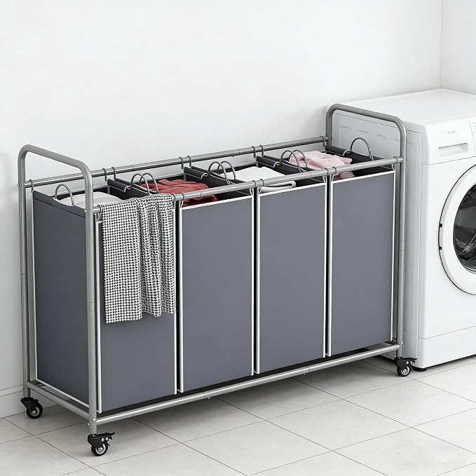 LINZINAR 4 Section Laundry Hamper, Grey Laundry Basket, 180L Laundry Sorter - Image 4