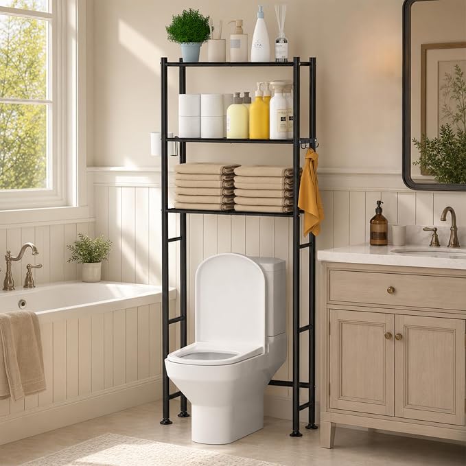 3-Tier Over The Toilet Storage Cabinet with Paper Holder and 4 Hooks, Metal Over Toilet Bathroom Organizer and Storage Shelf, Bathroom Shelves for Living Room/Laundry/Balcony(Black) by Yutrchey