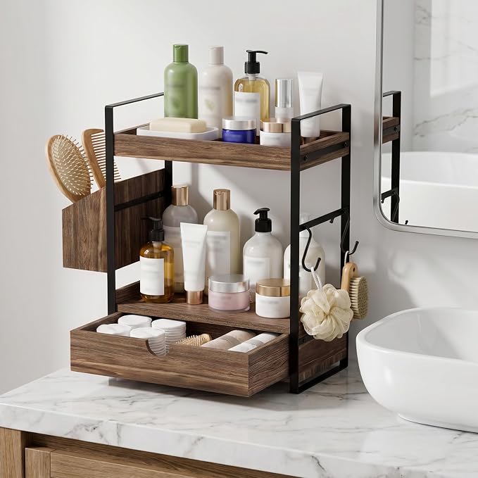 Kottwca 2-Tier Bathroom Counter Organizer with Drawer, Wooden Vanity Shelf - Image 2