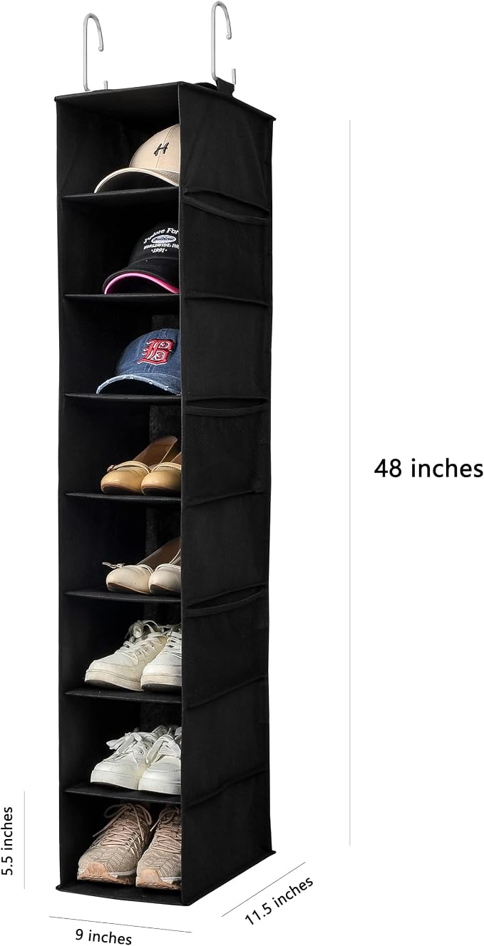 Berdeng Hanging Shoe Organizer for Closet with Side Mesh Pockets，Hat Racks for Baseball Caps，Shoe and Hat Holder & Storage，8-Shelf，Black，2 Pack - Image 3