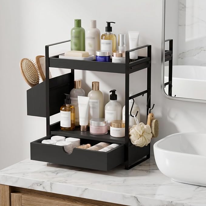 Kottwca 2-Tier Bathroom Counter Organizer with Drawer, Wooden Vanity Shelf - Image 2