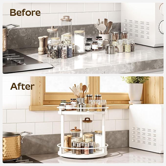 YATINEY Lazy Susan Organizer, Rotating Spice Rack, 2 Tier Spice Turntable Organizer, Industrial Turntable Spice Holder, for Kitchen Countertop, Compact and Versatile, White SR22WW - Image 4