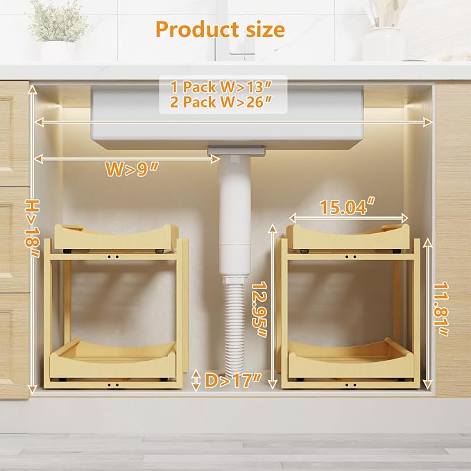 Bamboo Under Sink Organizer Adjustable Height 2 Tier Bathroom Organizer Pull Out Cabinet Storage Kitchen Heave Duty Wood Slide Ou Shelf for Kitchen Bathroom (Black, 2 Packs) (Nature, 2 Packs) - Image 2