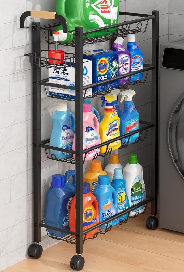 AOODA 4 Tier Laundry Room Cart with Top Detergent Holder, Pure Black by AOODA