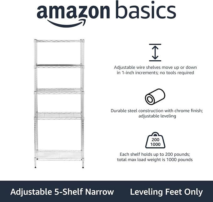 Amazon Basics 5-Shelf Adjustable Storage Shelving Unit for Garage, Steel Wire Rack, 200 Pound Loading Capacity per Shelf, 23.2" x 13.4" x 60", Chrome Finish - Image 4
