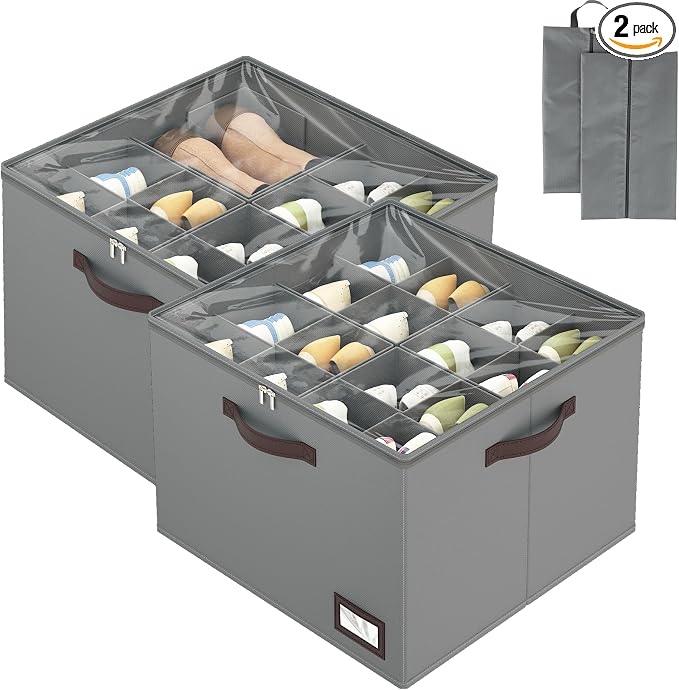 OIAHOMY 2 Pack Shoe Organizer for Closet, Large Foldable Shoe Storage Bins with Dividers and Reinforced Handles, Each Clear Cover Sneaker Box Fits Up to 16 Pairs for Entryway and Bedroom, Grey by MasterofSpaceOptimization