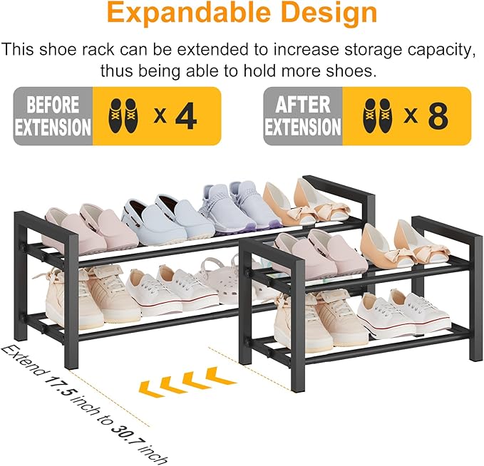Expandable Metal Shoe Rack for Closet & Entryway, Shoe Storage Organizer | 2 Tier • Adjustable Width • Holds 6–9 Pairs • Heavy-Duty Steel • Space-Saving Design • Easy Assembly - Image 4