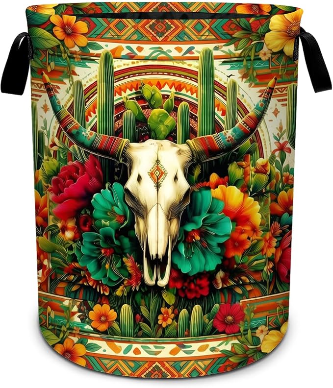 Western Skull Cactus Laundry Basket Foldable Laundry Hamper With Handles Clothes Storage Bucket Organizer Laundry Bag For Bedroom Bathroom Laundry Storage 19.6 x 15.7 by WtallasiSei