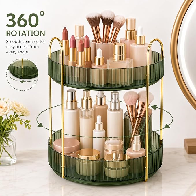 360° Rotating Organizer, Lazy Susan Bathroom Counter Organizer for Perfume, Skincare, Makeup & Cosmetic Storage, Vanity Countertop Organizer, Green, 2-Tier - Image 2